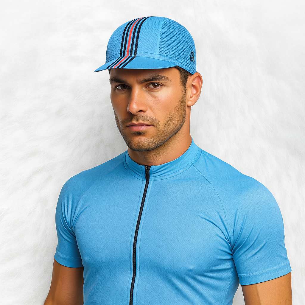 Un homme porte la Casquette Vélo Bleu Ciel