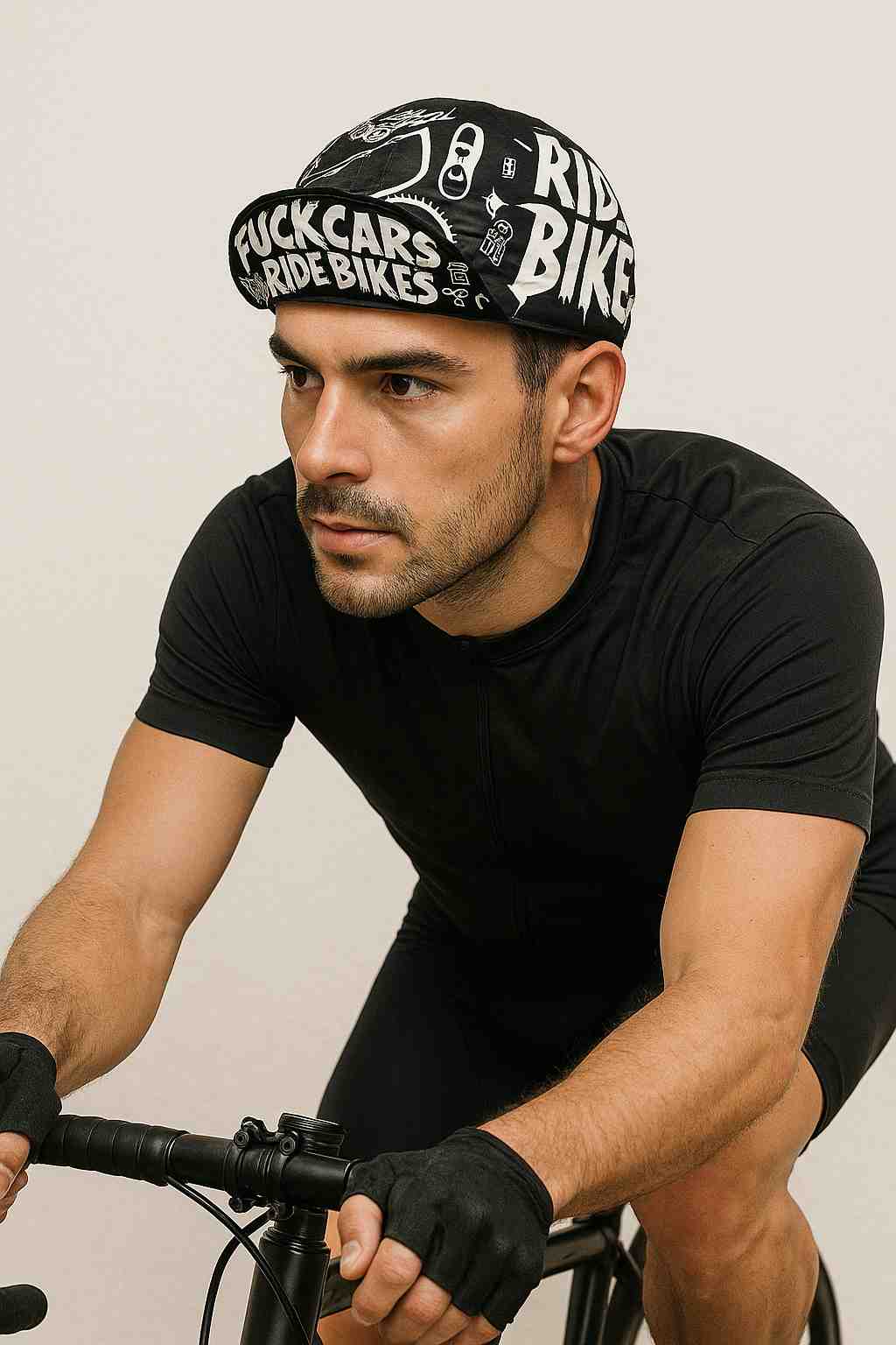 Un homme porte la Casquette Vélo "F*** Cars" noir
