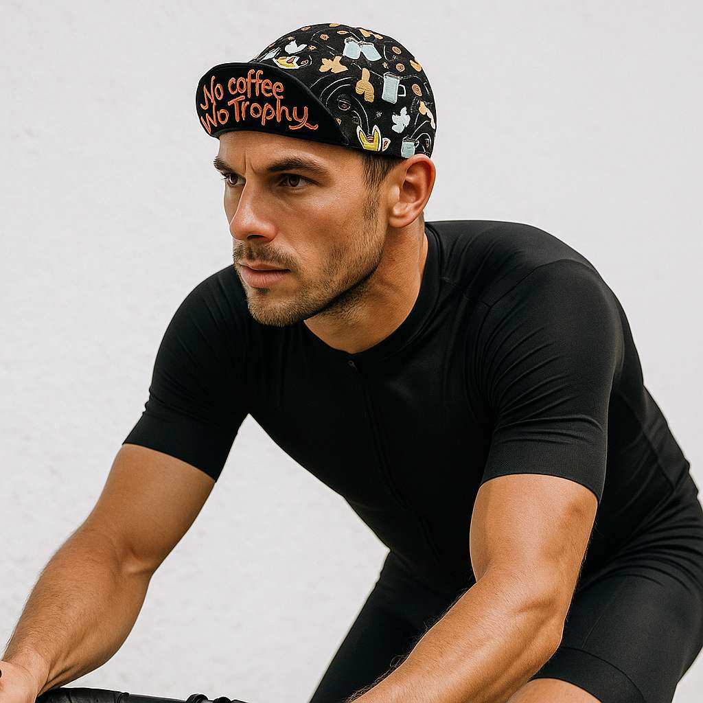 Un homme porte la Casquette Vélo "No Coffee No Trophy" noir
