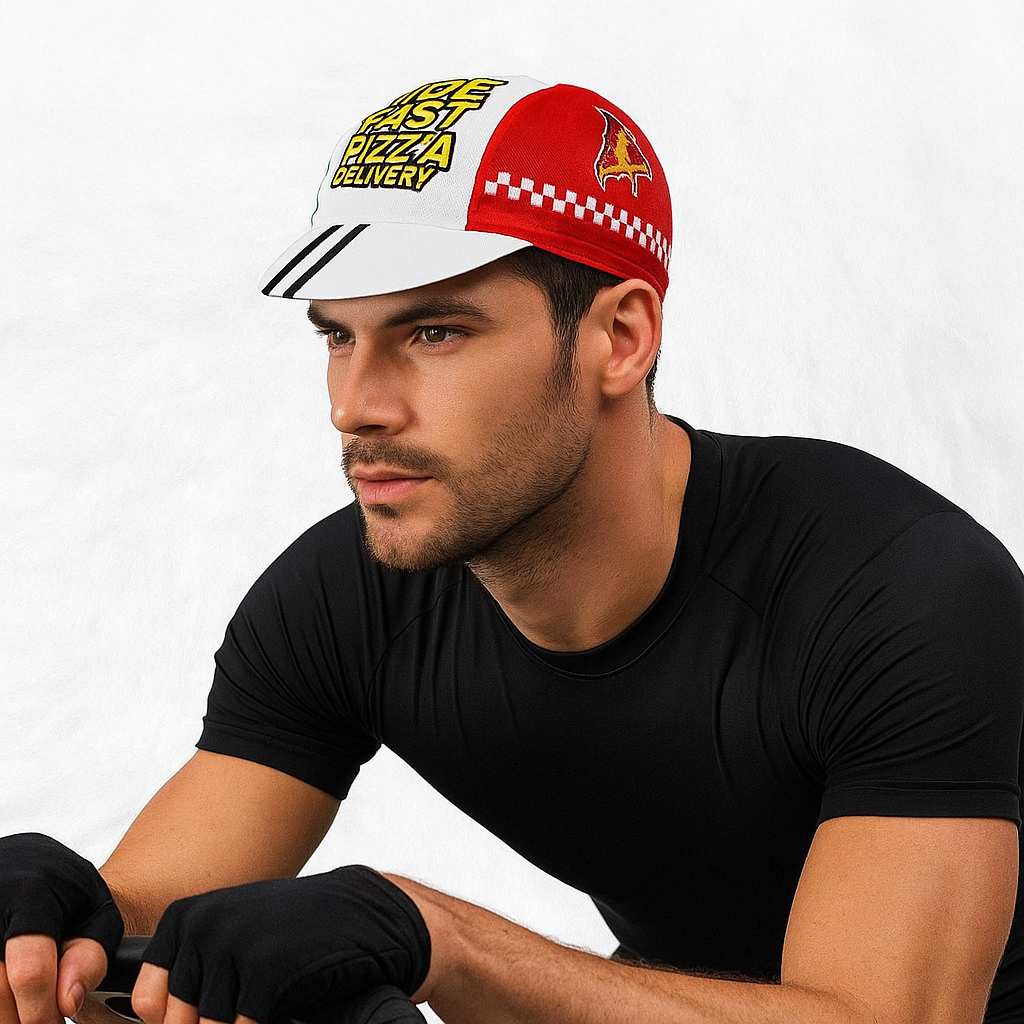Un homme porte la Casquette Vélo Pizza Delivery