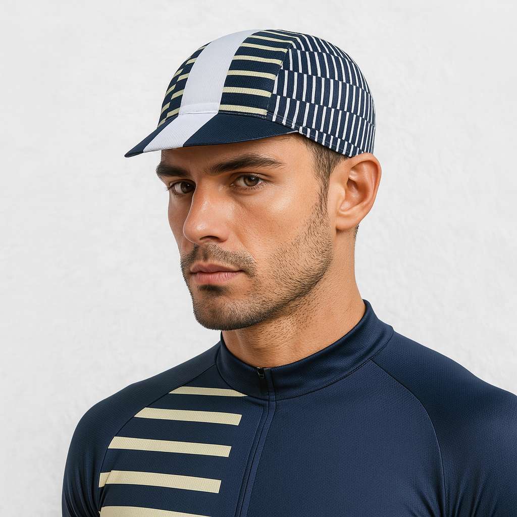 Un homme porte la Casquette Vélo Rayé