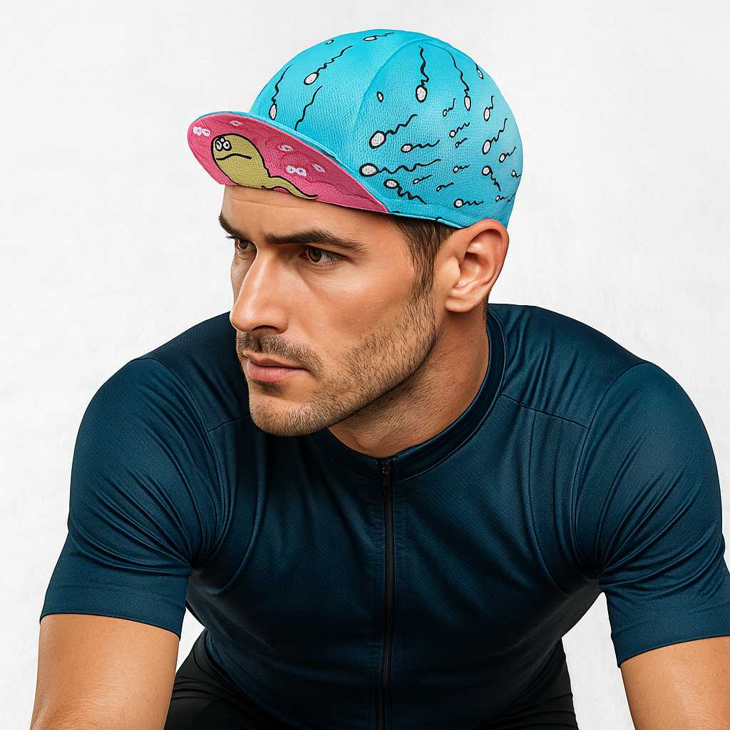 Un homme porte la Casquette Vélo Spermatozoïde