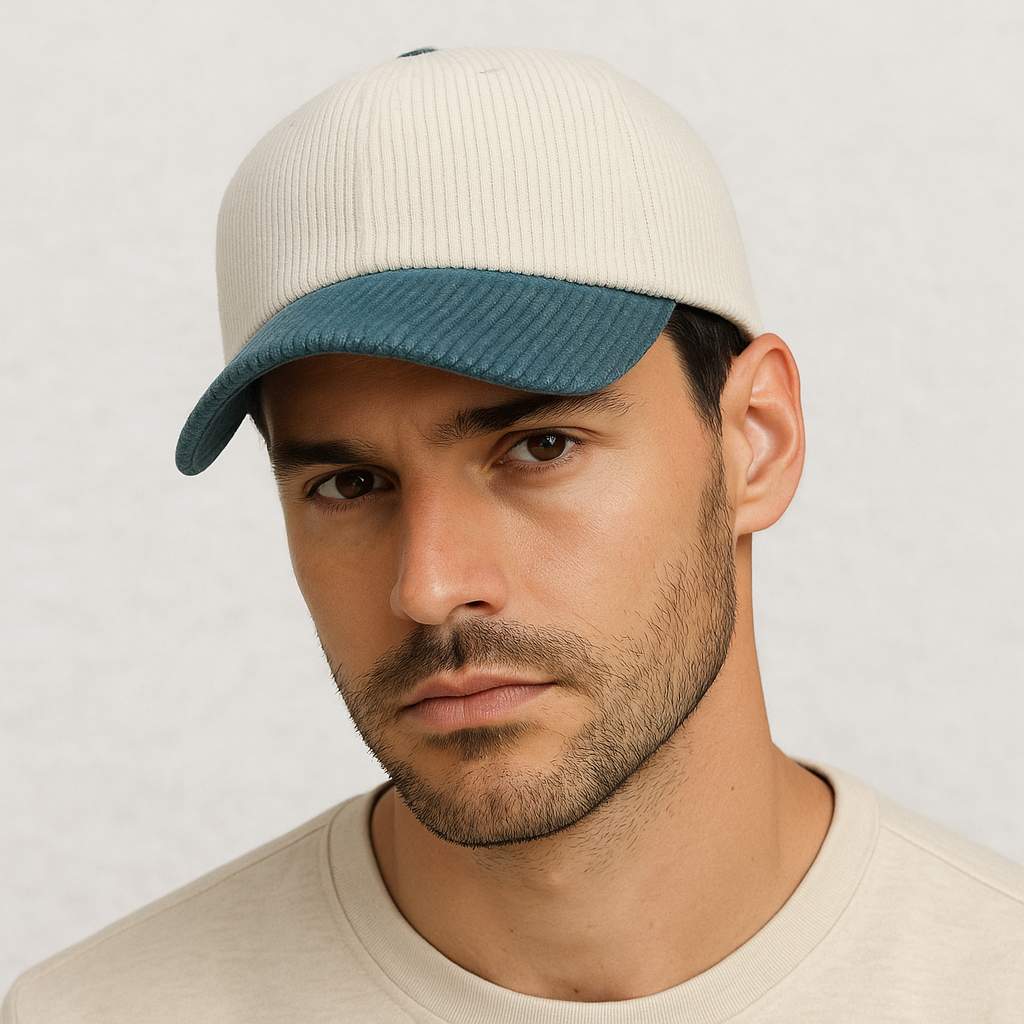 Un homme porte la Casquette Velours Côtelé Bicolore Bleu Azur