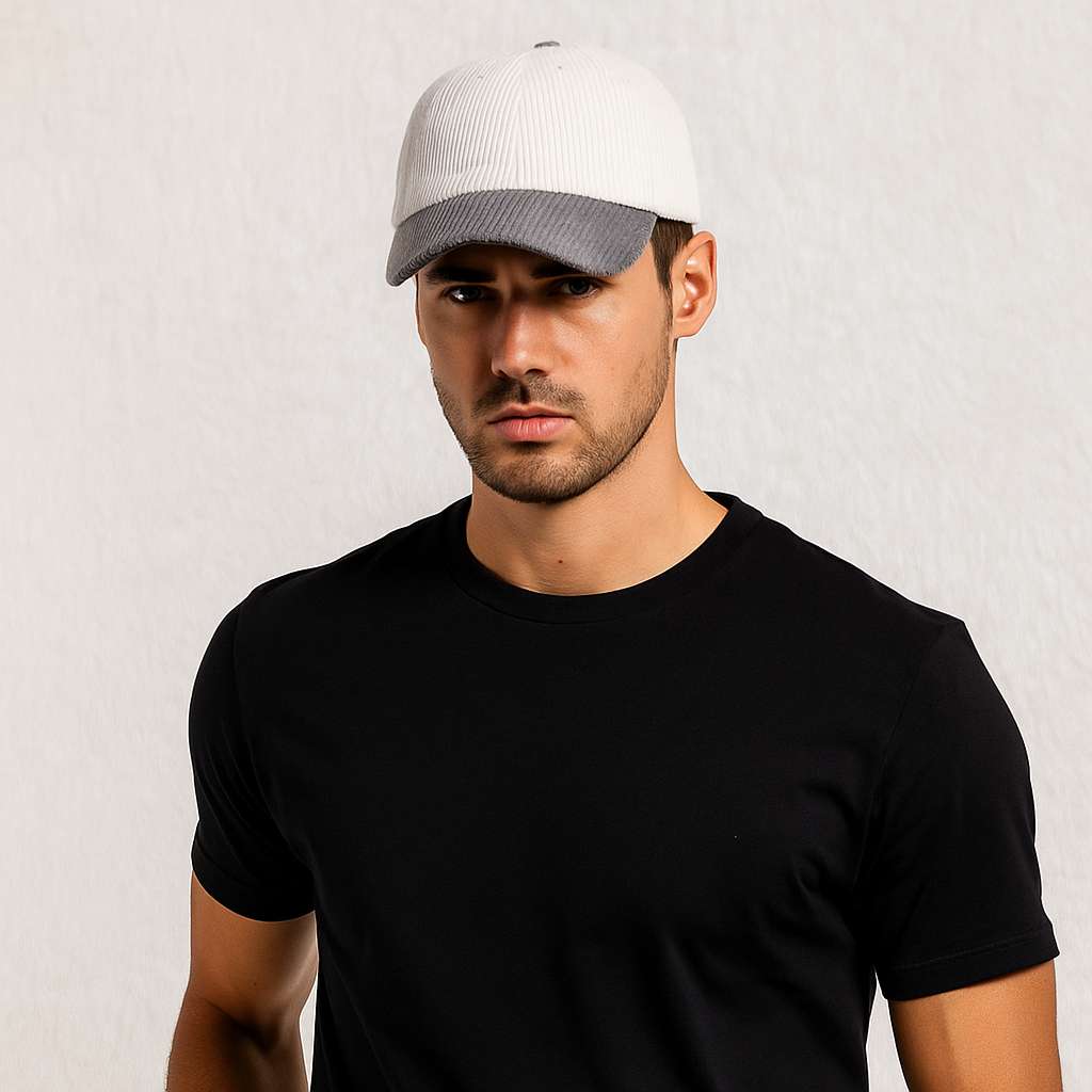 Un homme porte la Casquette Velours Côtelé Bicolore Gris