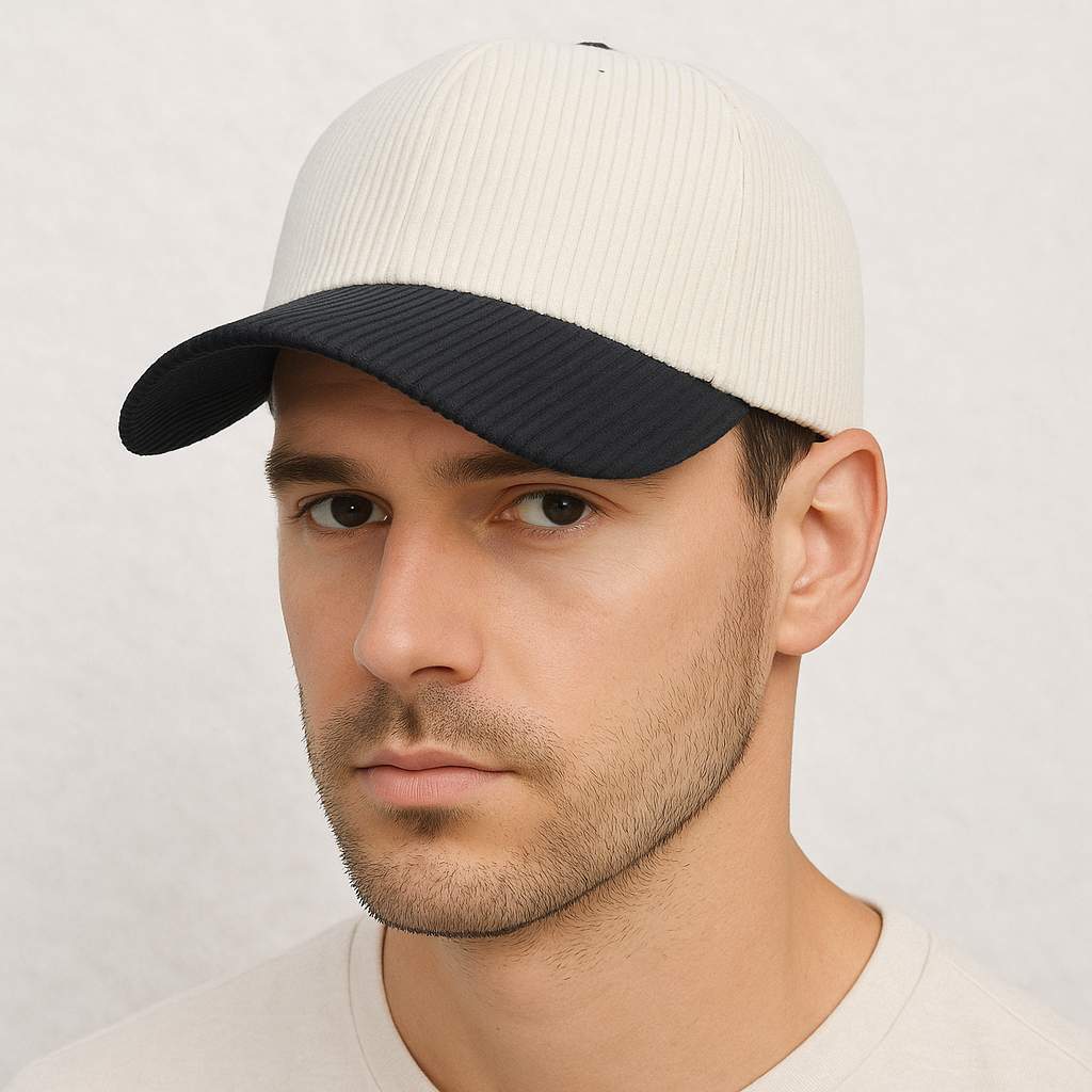 Un homme porte la Casquette Velours Côtelé Bicolore Noir