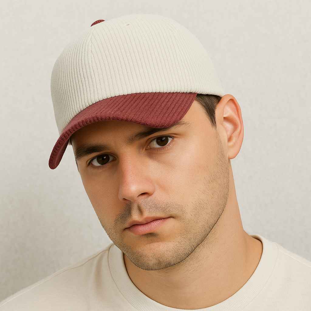 Un homme porte la Casquette Velours Côtelé Bicolore Rouge