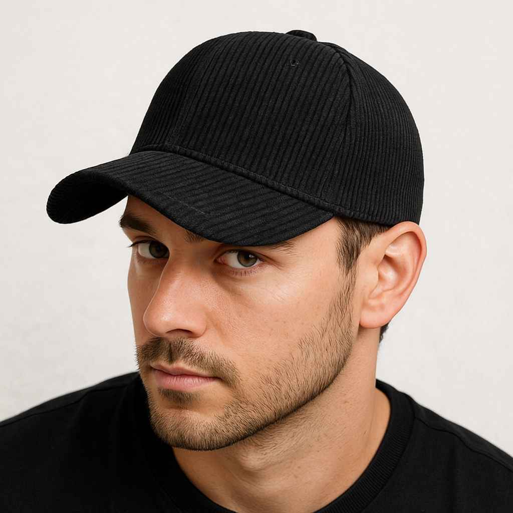 Un homme porte la Casquette Velours Côtelé Noir