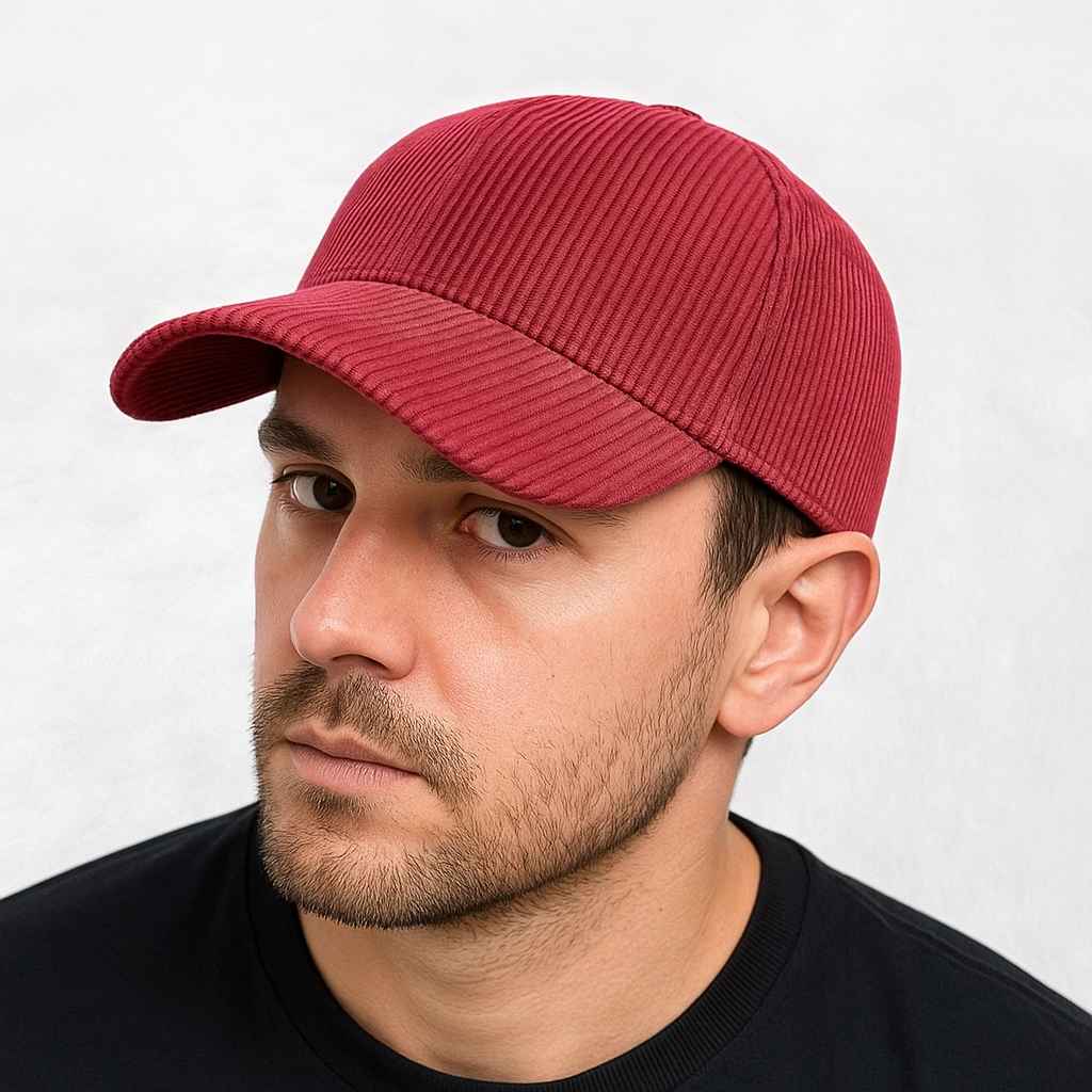 Un homme porte la Casquette Velours Côtelé Rouge