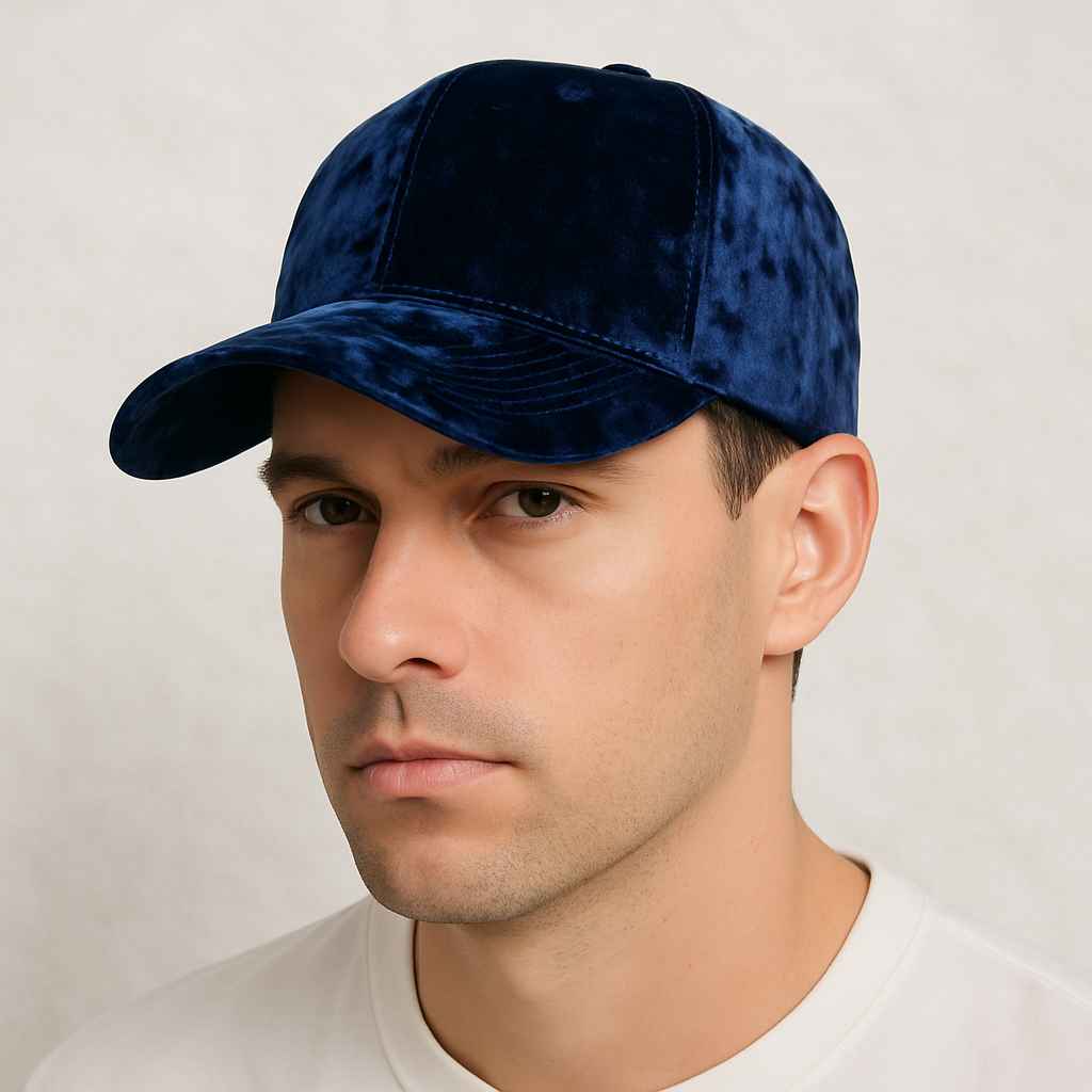 Un homme porte la Casquette Velours de Soie Bleu
