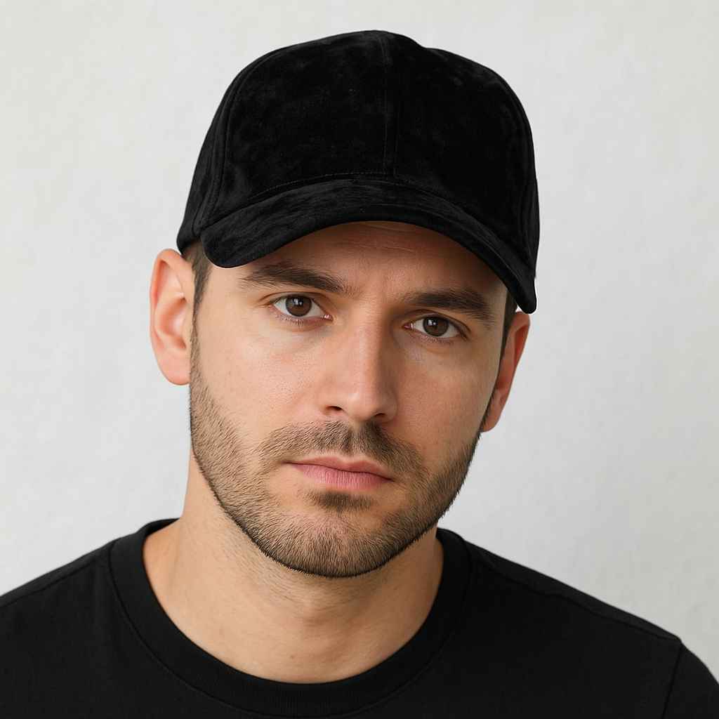 Un homme orte la Casquette Velours de Soie Noir
