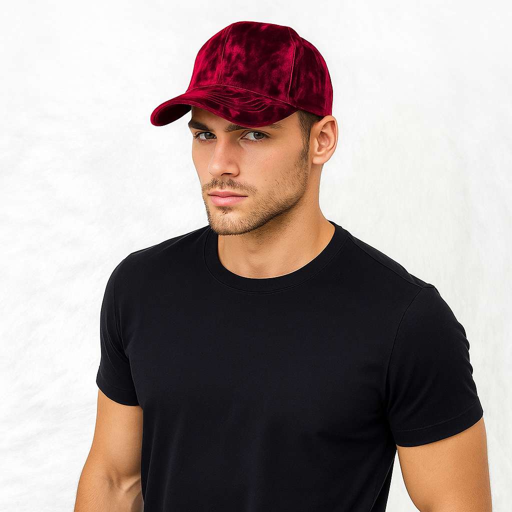 Un homme porte la Casquette Velours de Soie Rouge