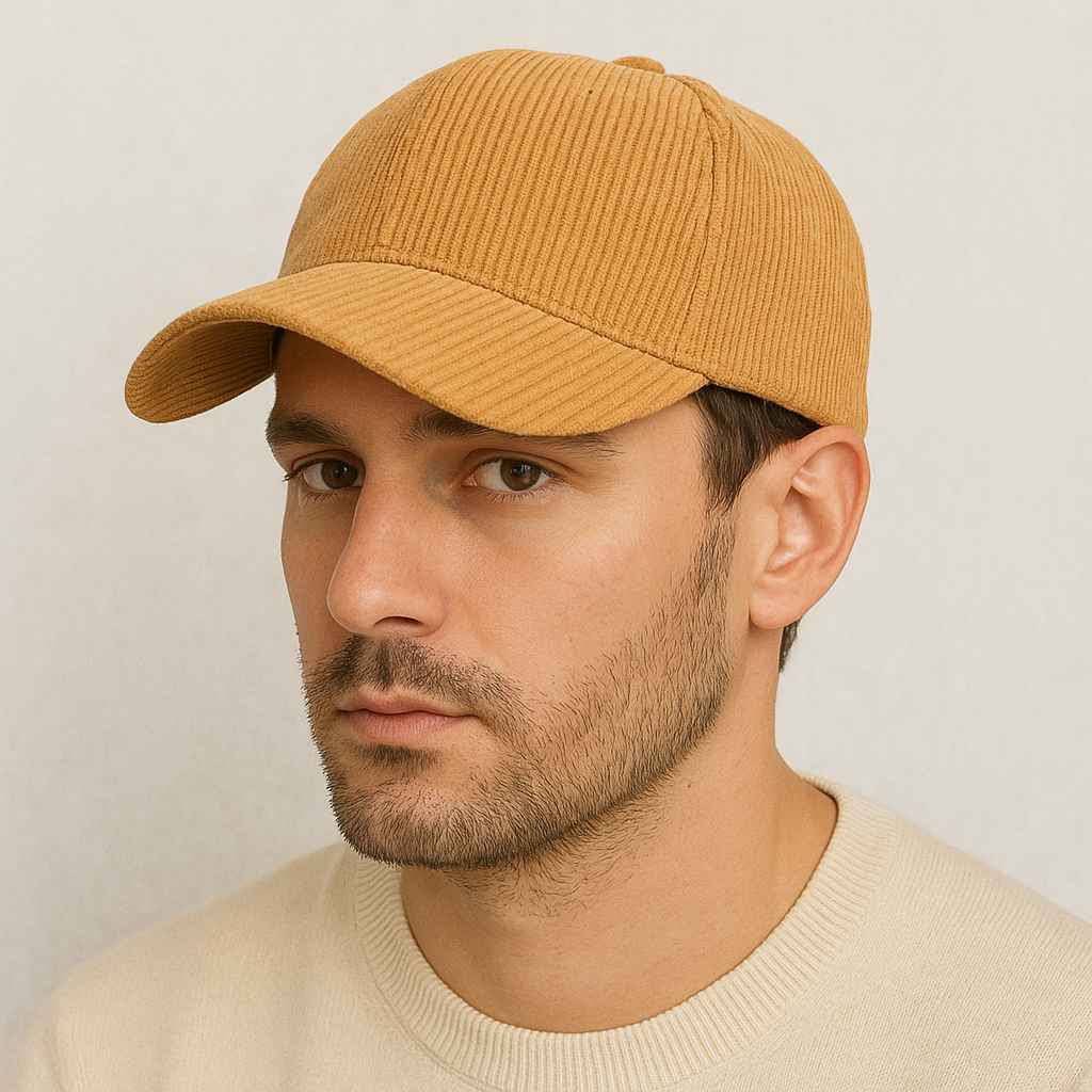 Un homme porte la Casquette Velours Côtelé Jaune Moutarde