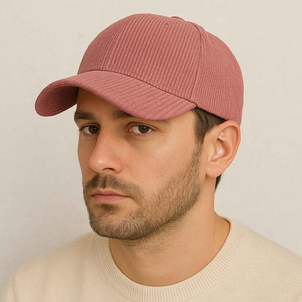 U homme porte la Casquette Velours Côtelé Orange Sanguine