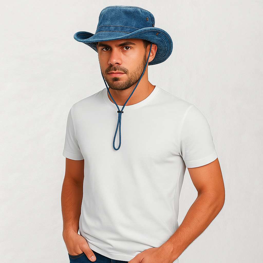 Un homme porte le Chapeau Aventurier Bleu