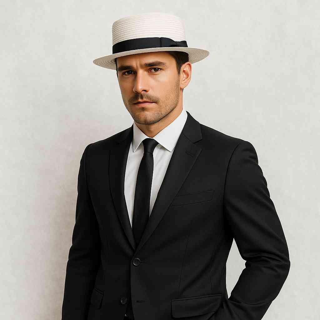 Un hmme porte le Chapeau Canotier de Paille blanc