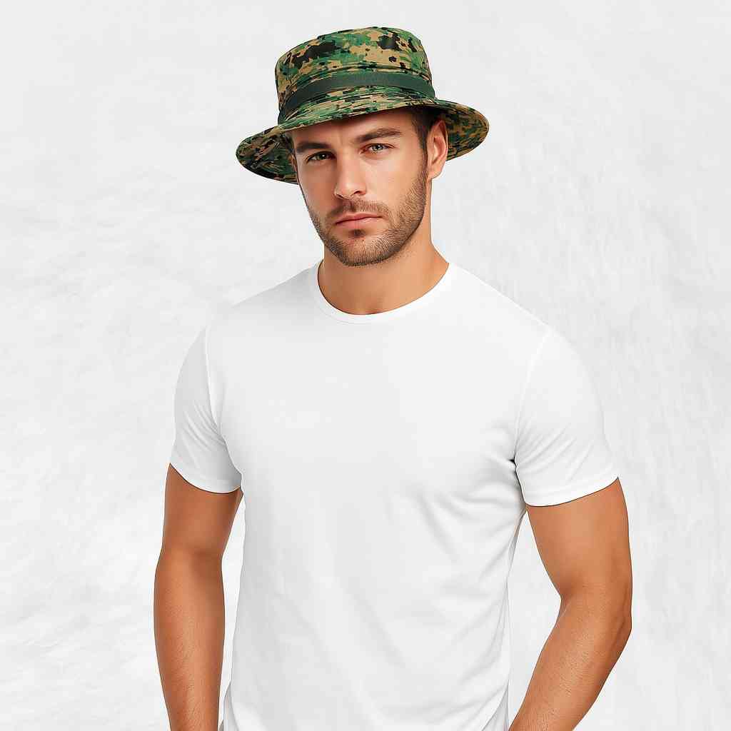 Un homme porte le Chapeau Militaire Camouflage Pixel