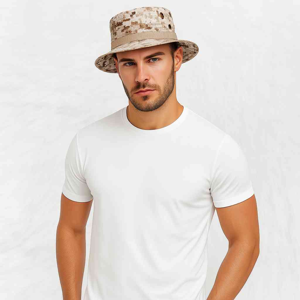 Un homme porte le Chapeau Militaire Pixel beige