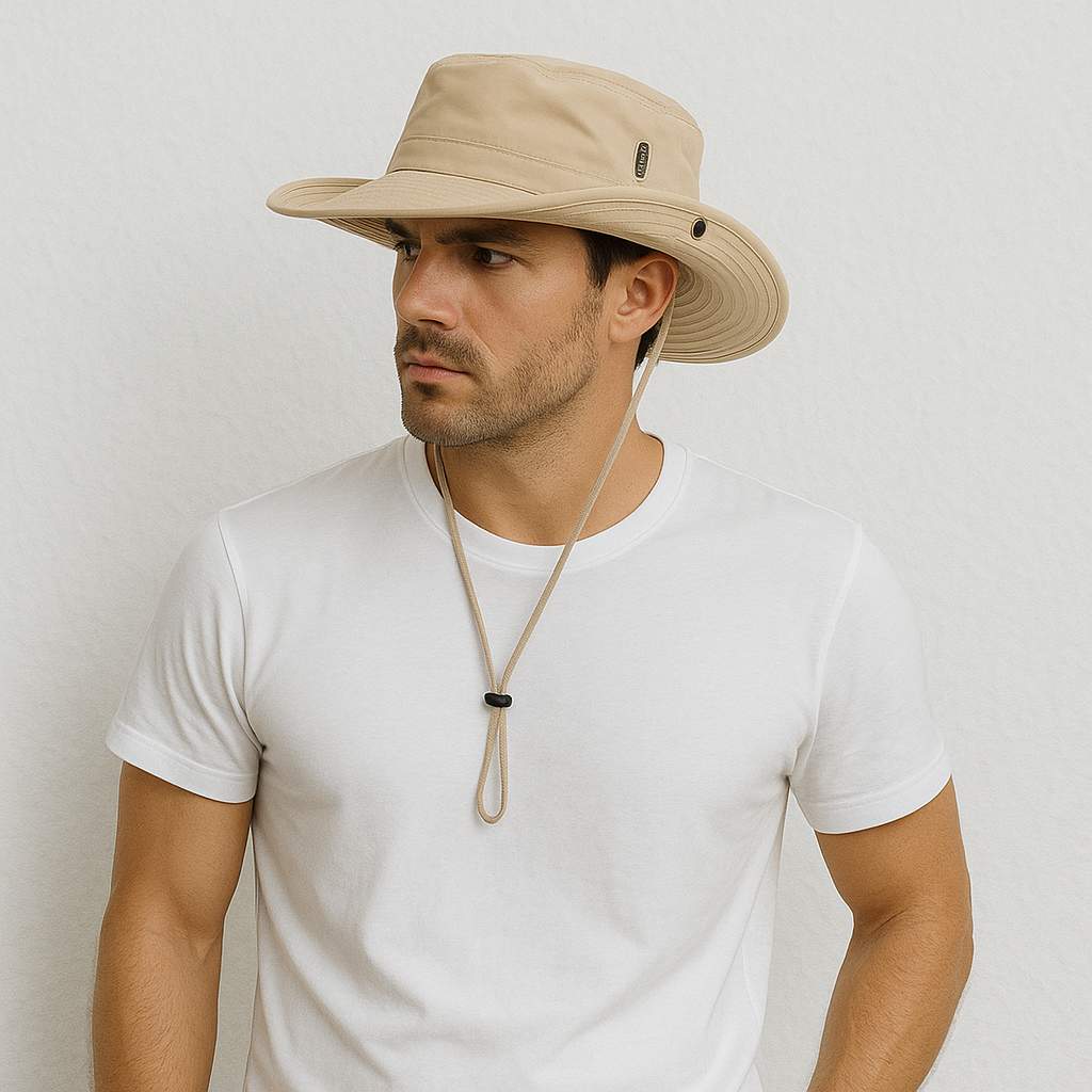 Un homme porte le Chapeau Randonnée Anti UV Beige