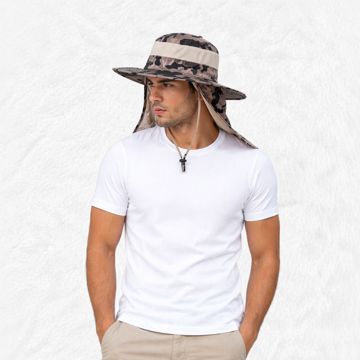 Un homme porte le Chapeau Safari Camouflage