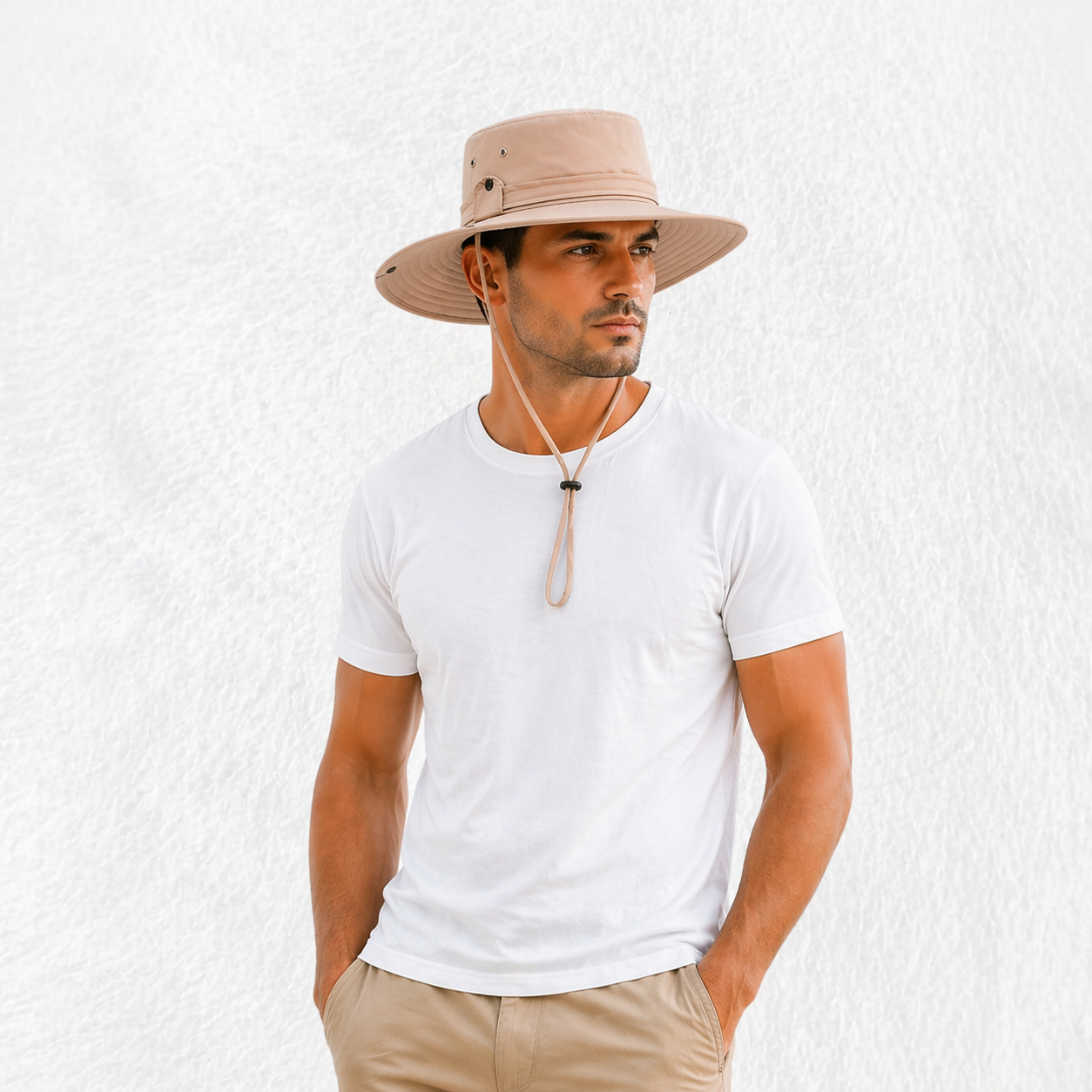 Un homme porte le Chapeau Safari Homme Sable