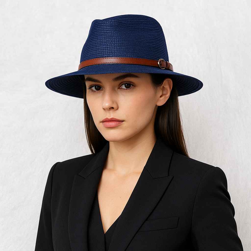 Une femme porte le Chapeau de Paille Fedora Femme marine