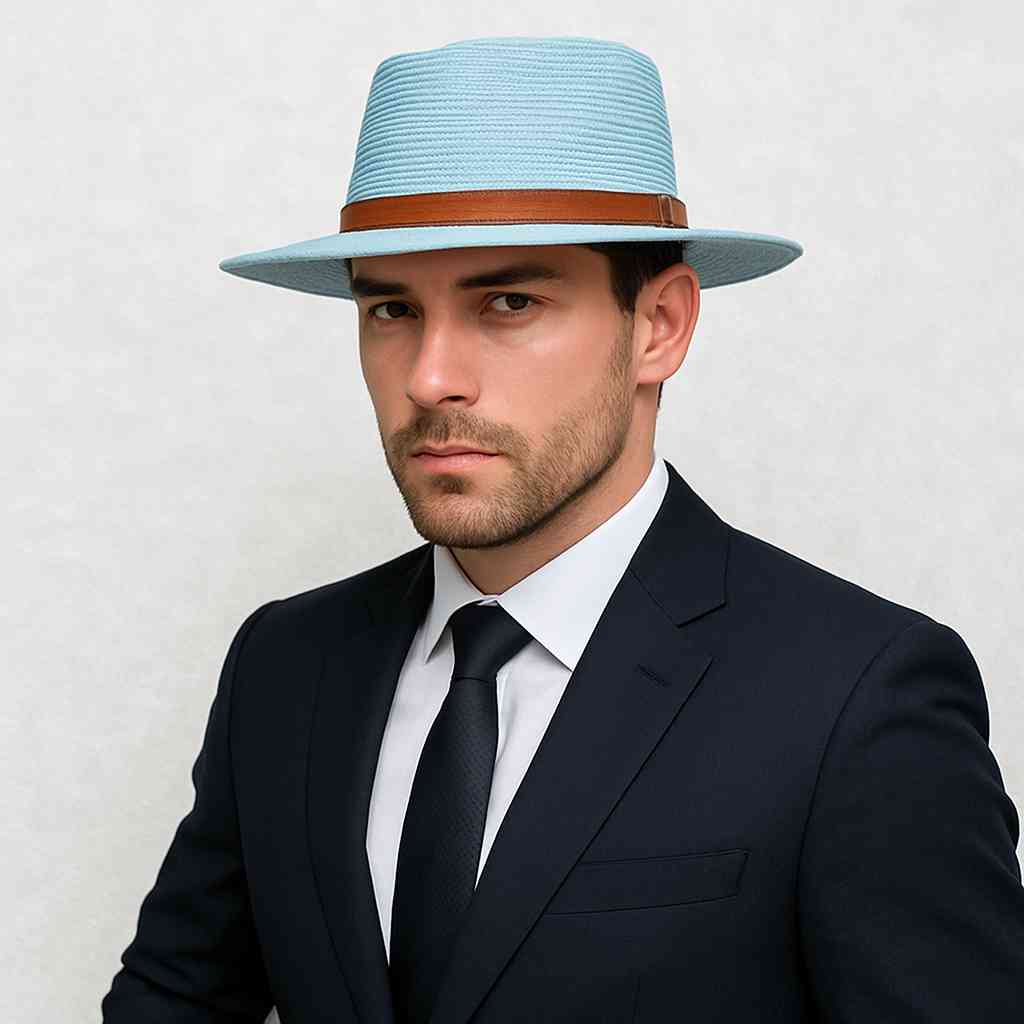 Un homme porte le Chapeau de Paille Fedora bleu ciel