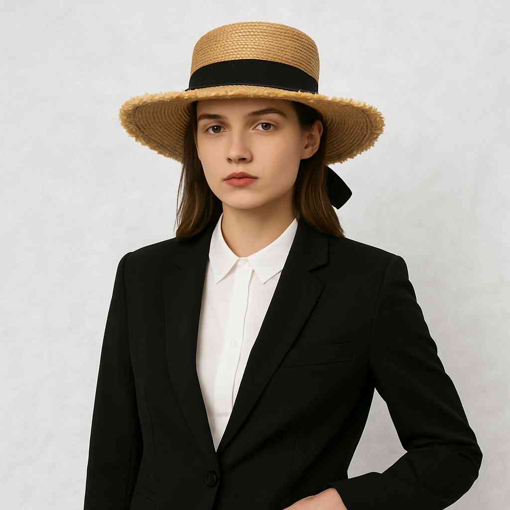 Une femme porte e Chapeau de Paille Femme Bohème noir & beige