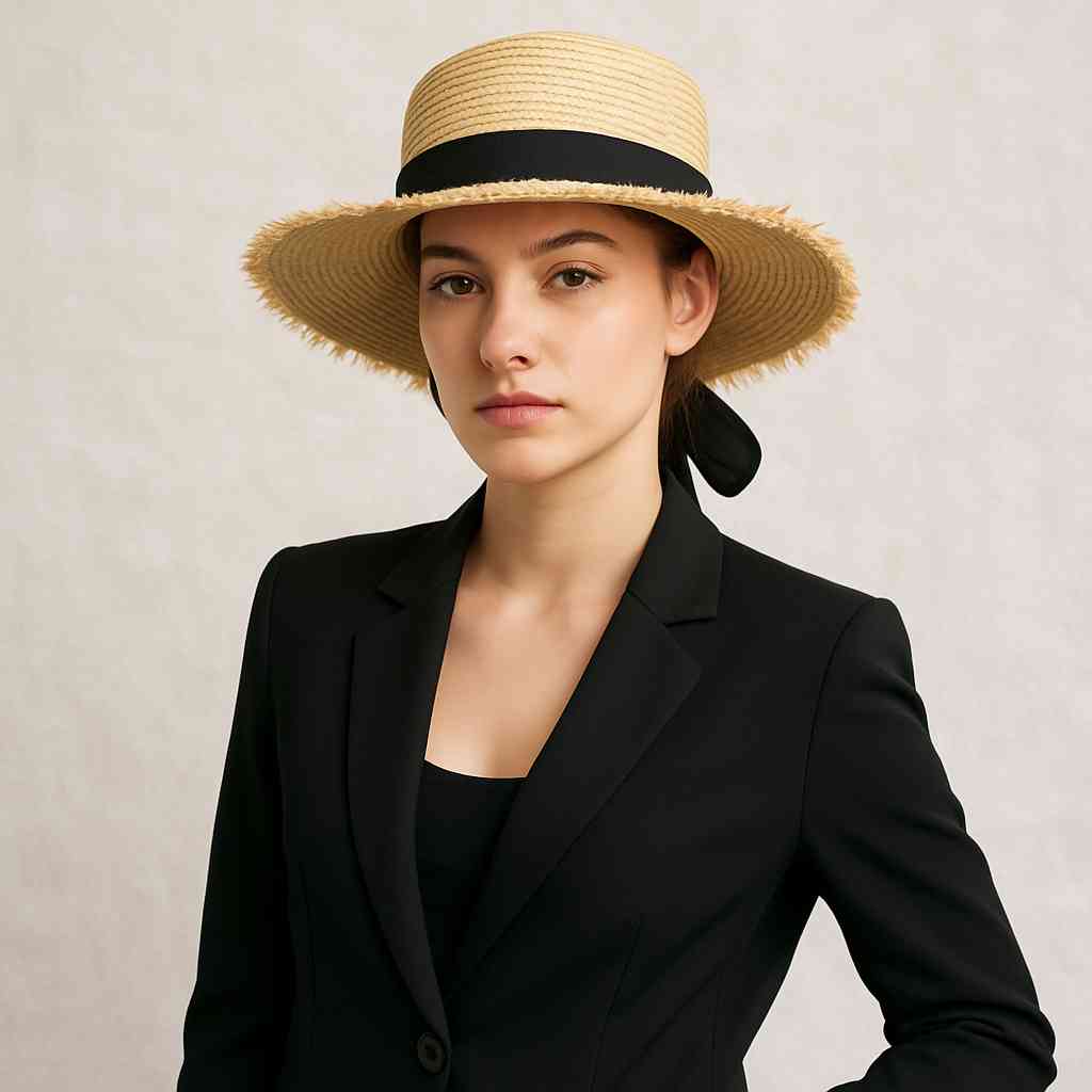 Ue femme porte le Chapeau de Paille Femme Bohème noir & crème