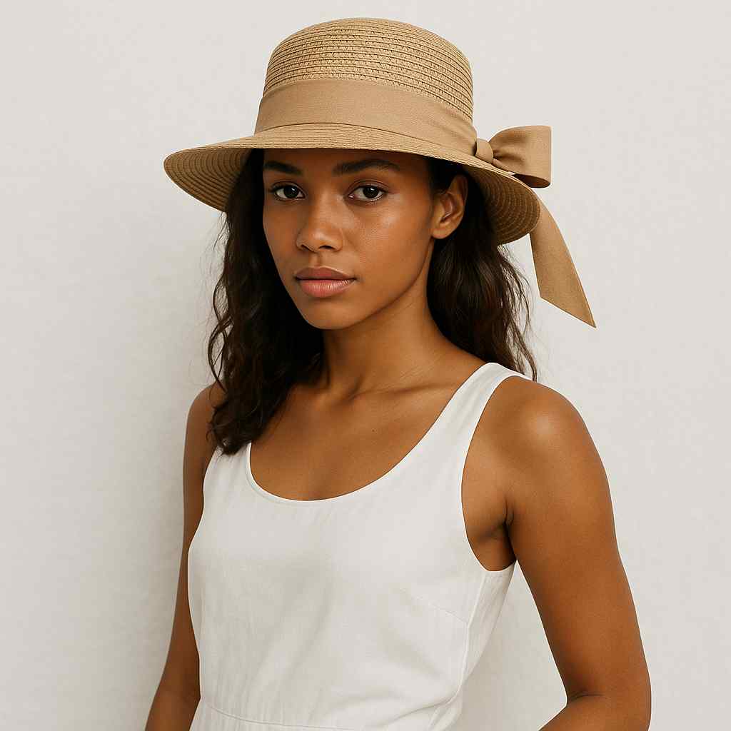 Une femme porte le Chapeau de Paille Femme Plage beige