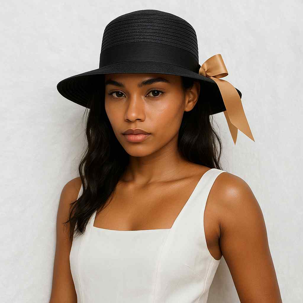 Une femme porte le Chapeau de Paille Femme Plage noir