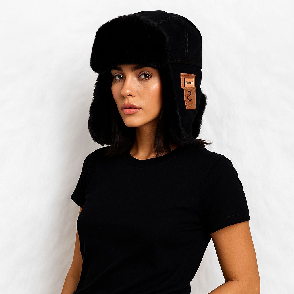 Une femme porte le Chapka Aviateur Noire