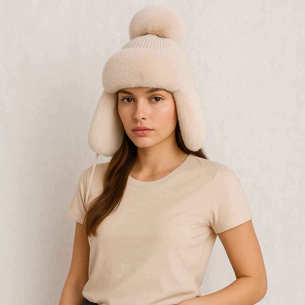 Une femme porte le Chapka Femme à Fourrure Beige