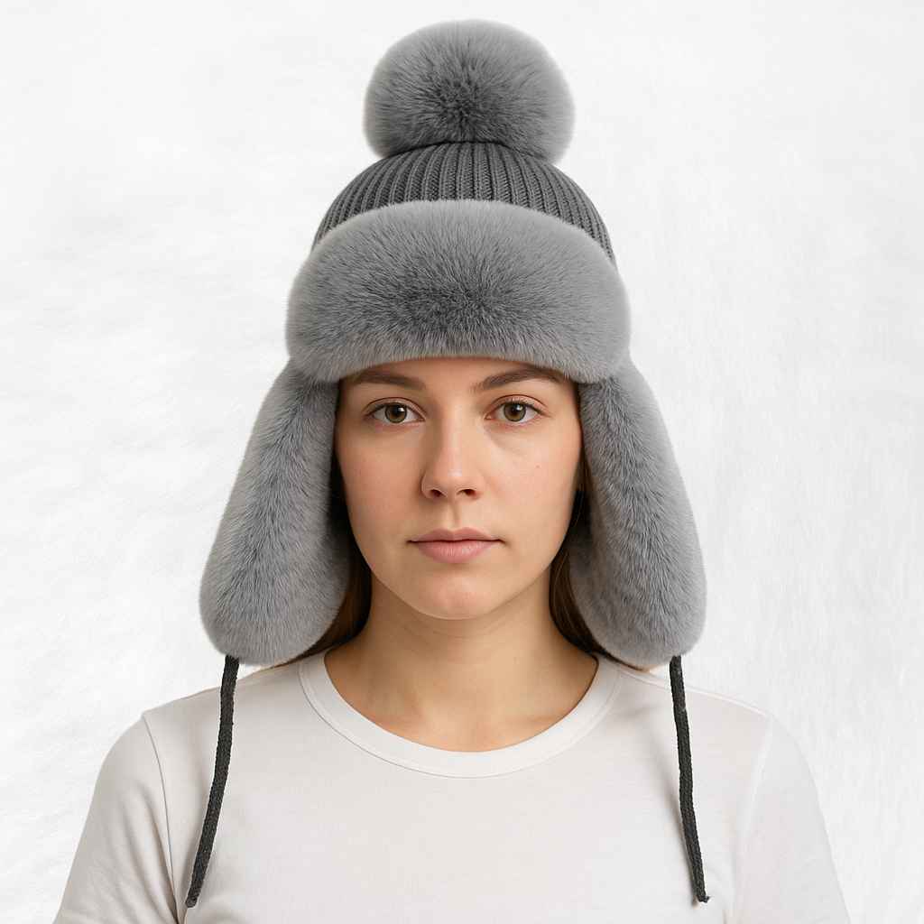 Une femme porte le Chapka Femme à Fourrure Grise