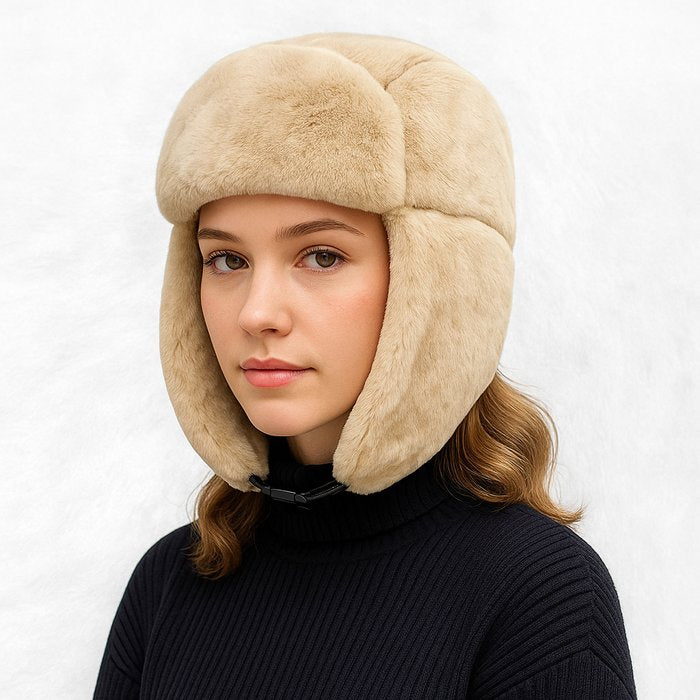 Une femme porte le Chapka Femme grand froid beige