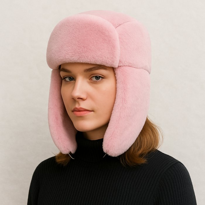 Une femme porte le Chapka Femme grand froid rose