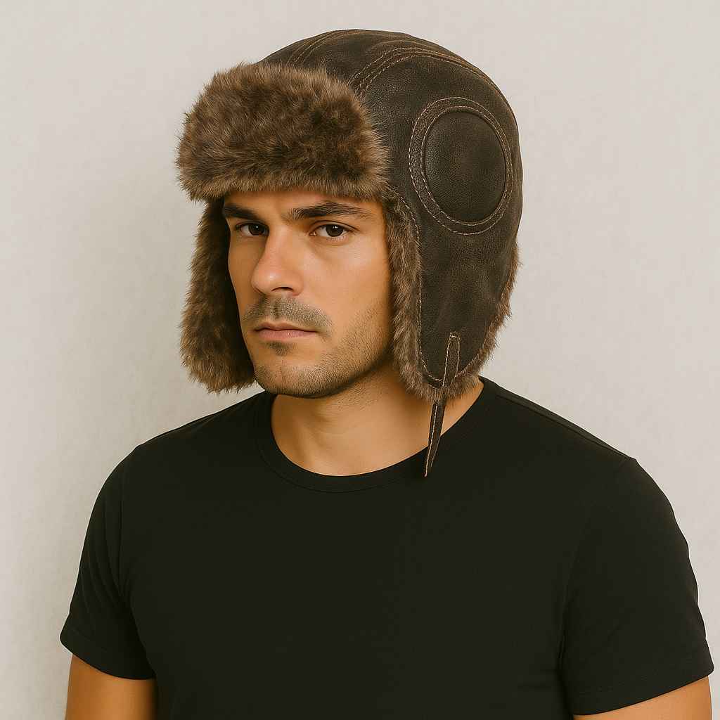 Un homme porte le Chapka Homme Aviateur café