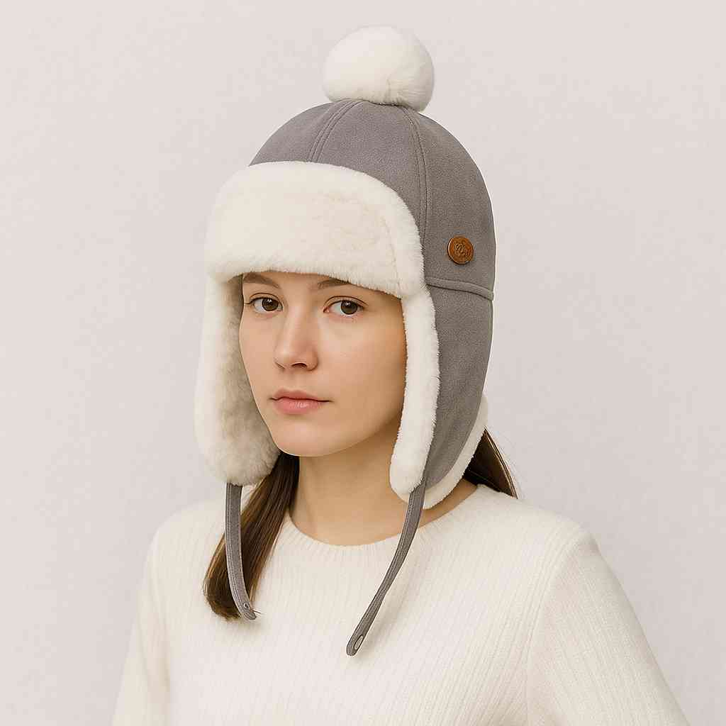Une femme porte le Chapka avec Pompon Gris