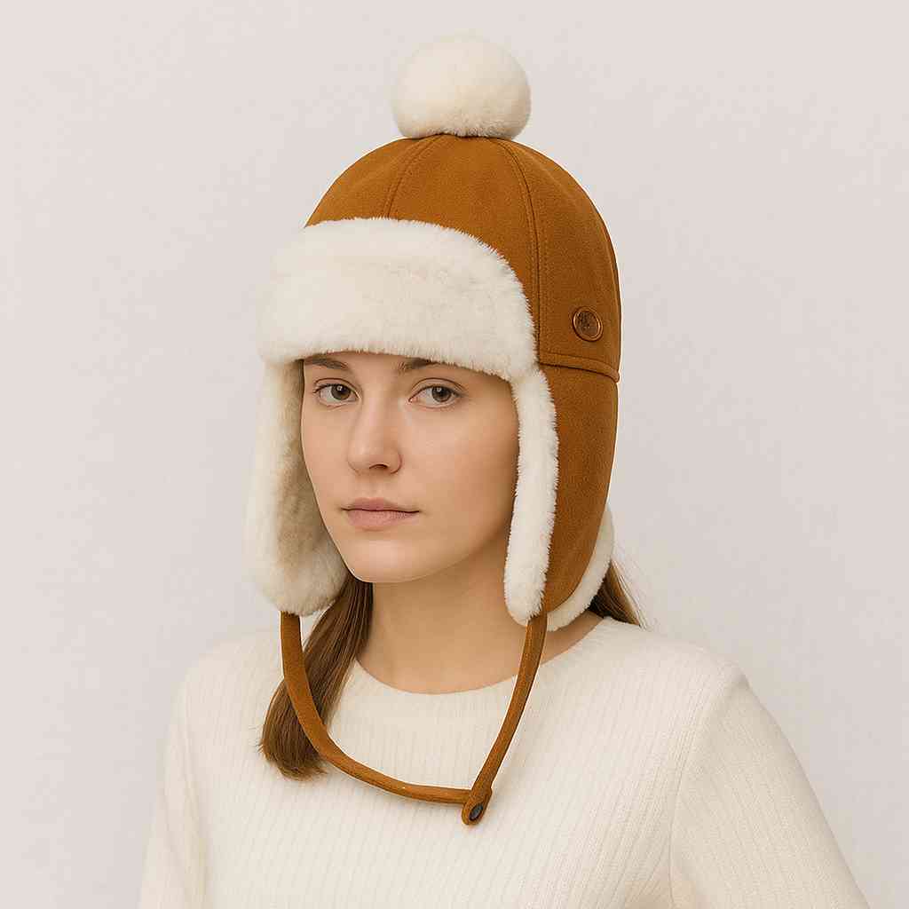 Une femme porte le Chapka avec Pompon camel