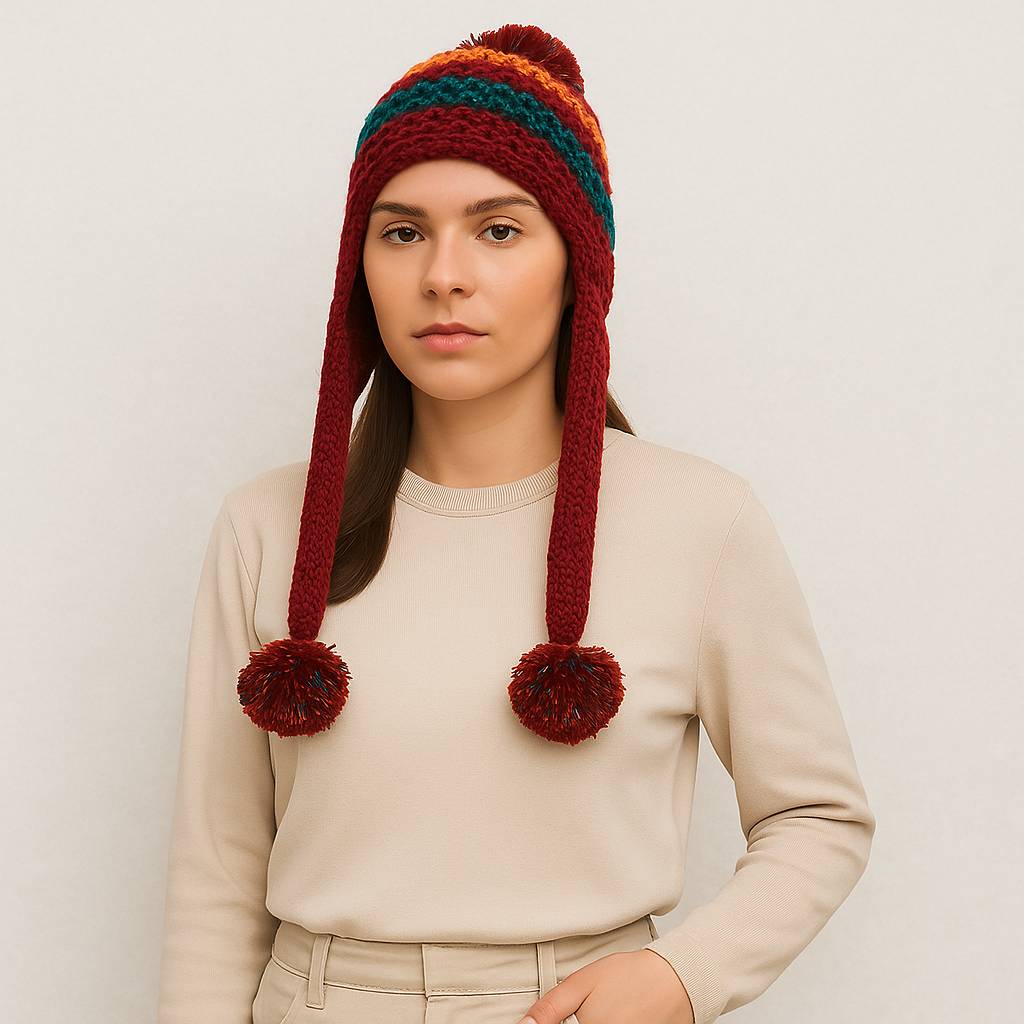 Une femme porte le Bonnet Péruvien Rouge