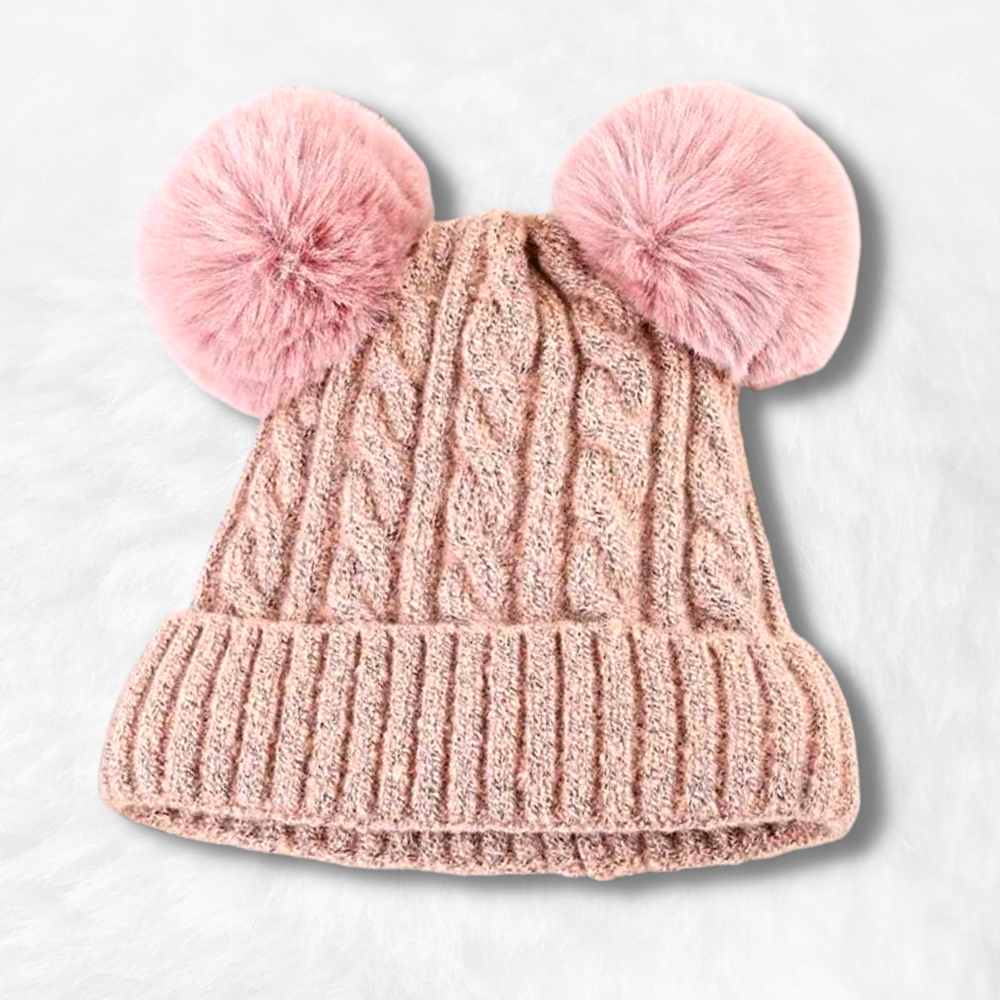 Bonnet Double Pompon Femme beige.