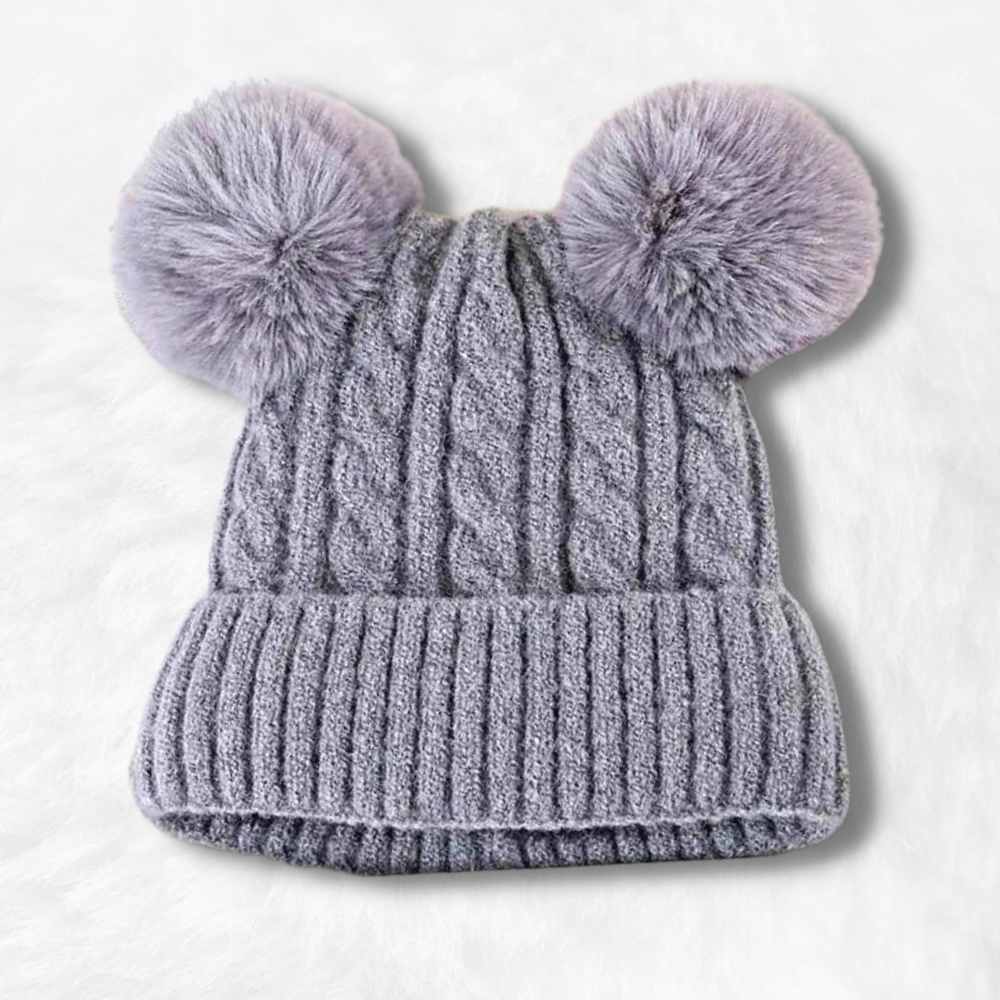 Bonnet Double Pompon Femme gris.