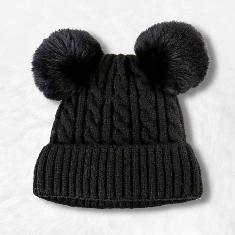 Bonnet Double Pompon Femme noir.