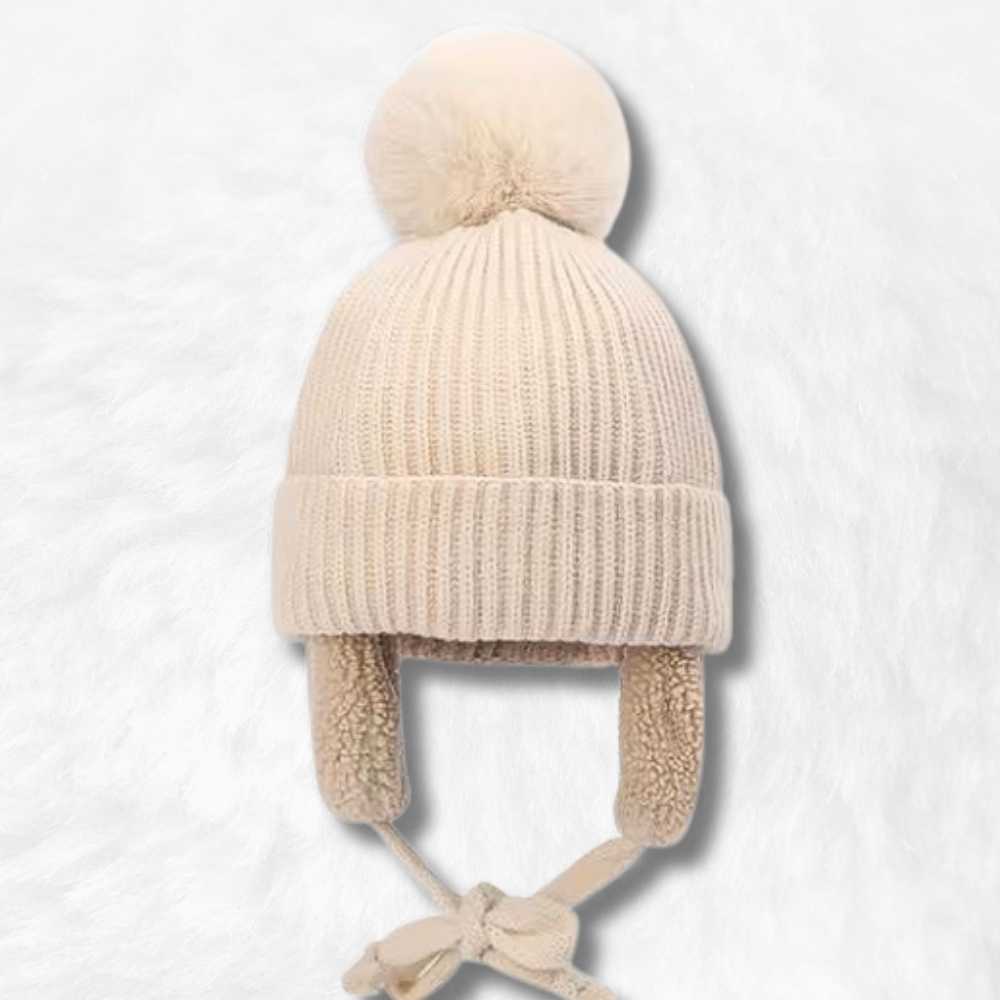 Bonnet Cache Oreille Beige à Pompon pour Enfant