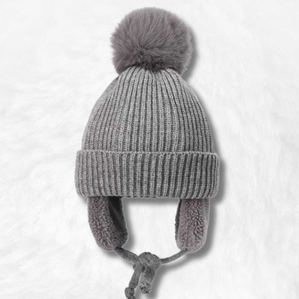 Bonnet Cache Oreille Gris à Pompon pour Enfant