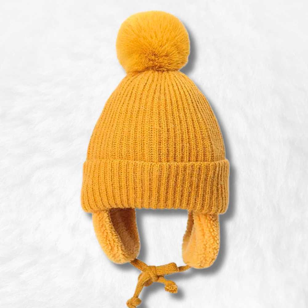 Bonnet Cache Oreille Jaune à Pompon pour Enfant