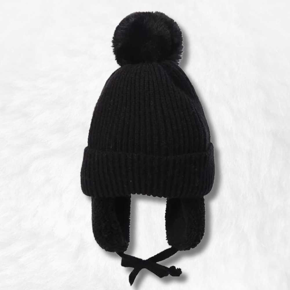 Bonnet Cache Oreille Noir à Pompon pour Enfant