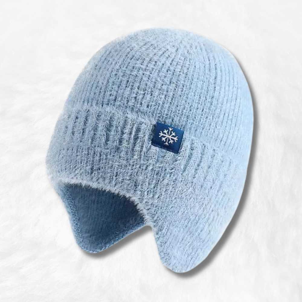 Bonnet Cache Oreille en Laine Bleu.