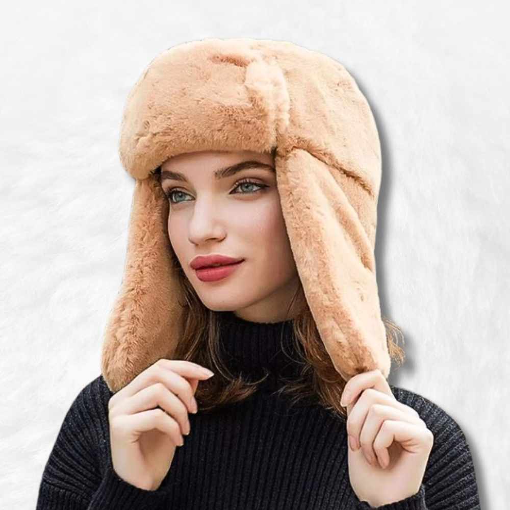 Chapka Femme grand froid beige porté par une femme