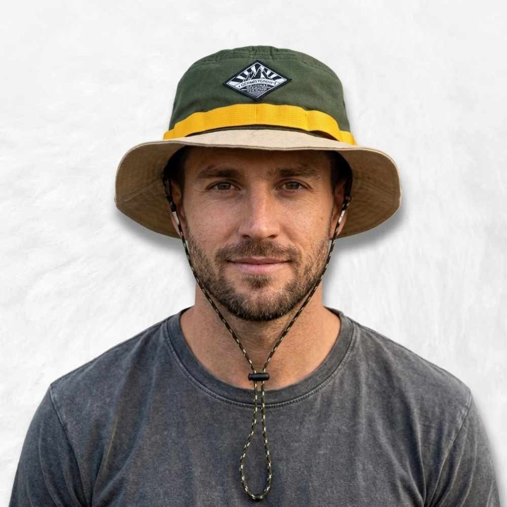 bob safarie porter par un homme de couleur jaune; verte et beige.