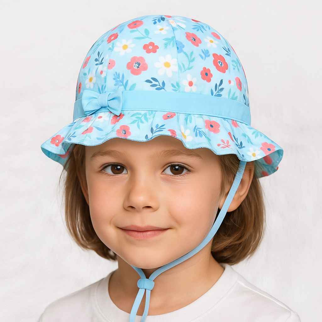 Une fille porte le Bob Fille Bleu à Fleurs.